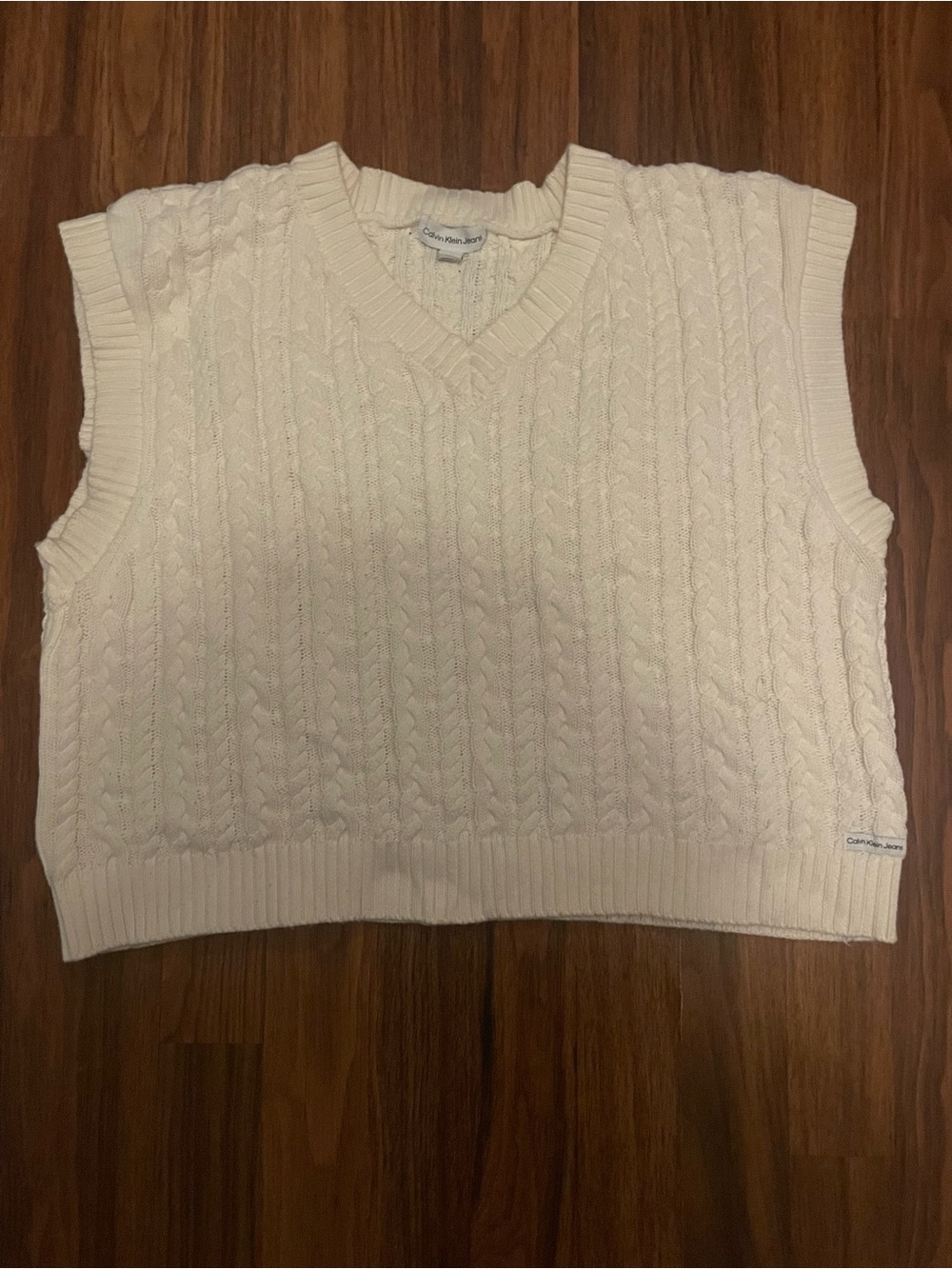 Calvin Klein Jeans Cream Cable Knit V-Neck Sweater Vest